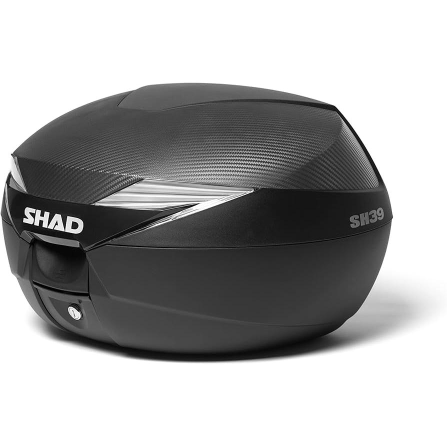 Shad - Baúl moto SHAD SH39 de 39 litros con tapa efecto carbono negro, sistema Press Lock seguro, ideal para casco integral y viajes largos, compatible con la mayoría de motos y scooters