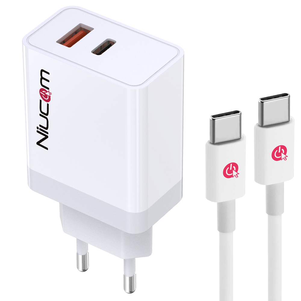Niucom cargador de carga rápida 36W doble puerto USB tipo C PD + USB A 3.0 enchufe adaptador de pared para smartphone + cable usb tipo C