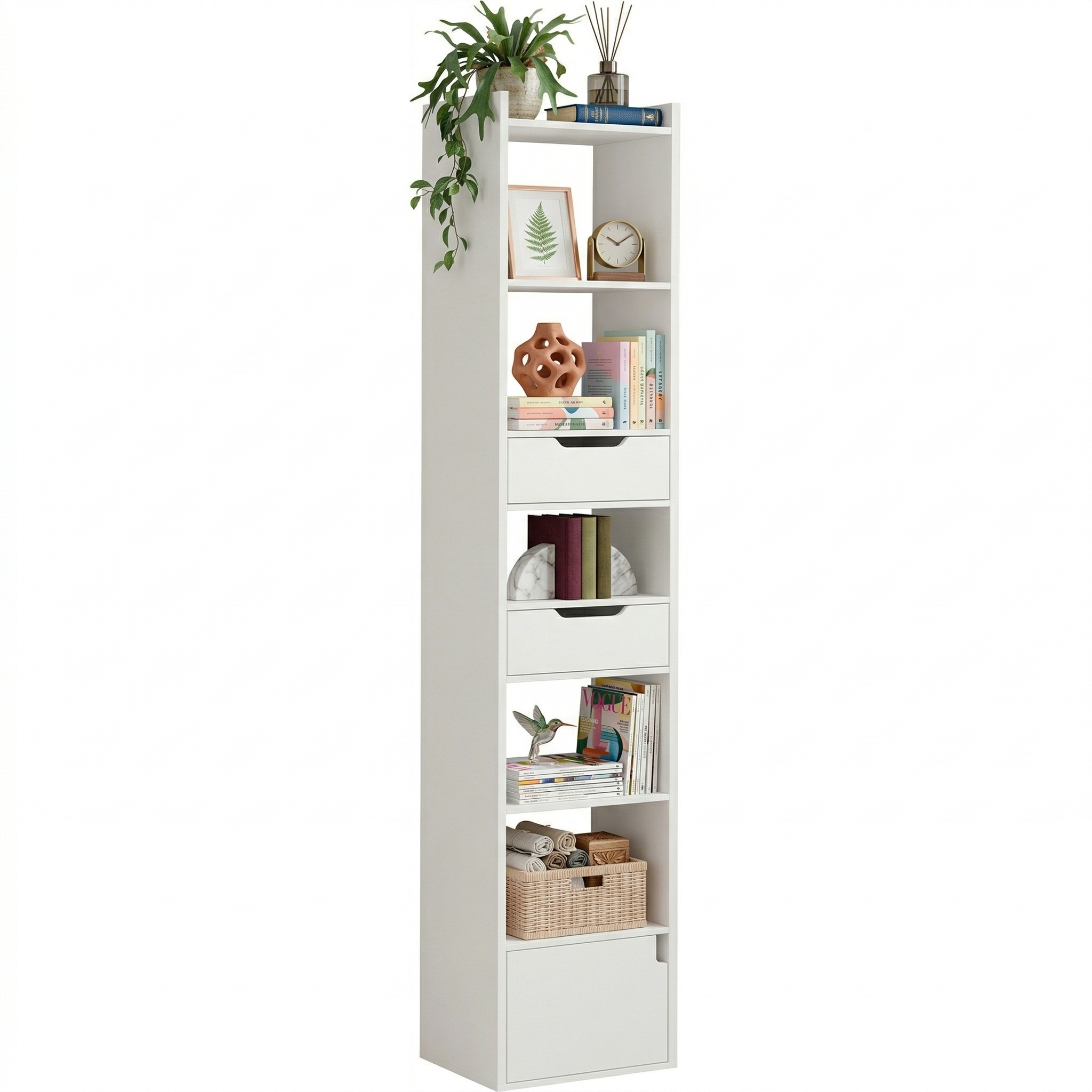 Estantería Alta de 6 Compartimentos con 2 Cajones y 1 Armario con Puerta - Librería de Piso para Salón y Oficina, Estante de Almacenaje Blanco