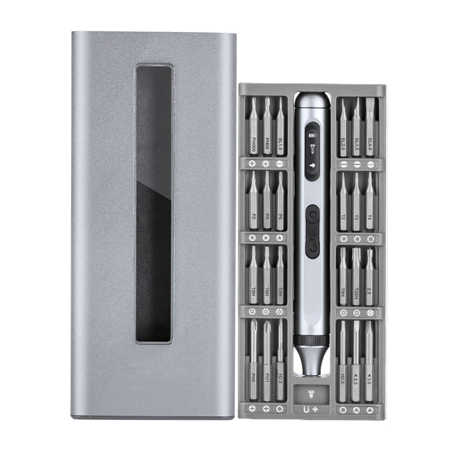 Destornillador eléctrico portátil 50 en 1 con doble luz, pantalla LCD, giro bidireccional, torque 0,3Nm y batería recargable.
