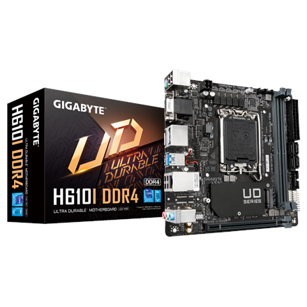 Gigabyte | H610I DDR4 1.0 Mbps | Familia de procesador Intel | Zócalo de procesador LGA1700 | DDR4 DIMM | Ranuras de memoria: 2 | Interfaces de disco duro compatibles: SATA, M.2 | Número de conectores SATA: 4 | Chipset