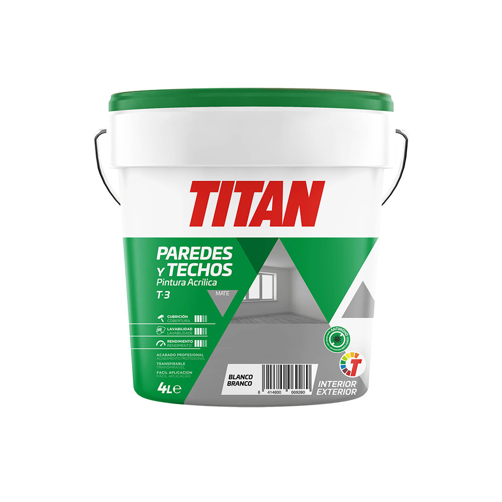 Pintura acrílica para decoración de paredes y techos t-3 blanco.mate  4l titan 123000304