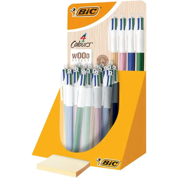 Bic 4 colours wood style expositor de 30 boligrafos de bola retractiles - punta media de 1.0mm - tinta con base de aceite - diseño madera - 4 colores