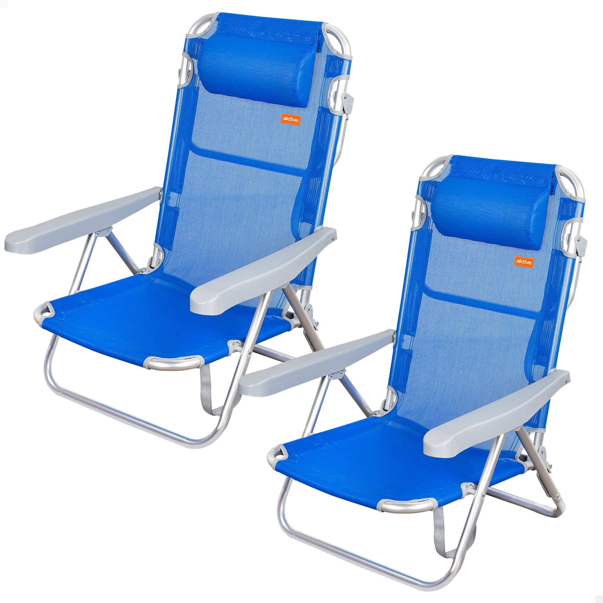 Aktive - Silla de playa plegable, multiposición, aluminio y textileno, asiento bajo, incluye cojín acolchado, asa de transporte, silla reclinable de playa, respaldo reclinable