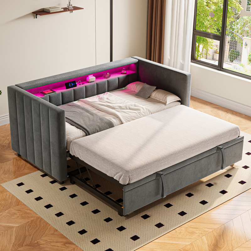 Canapé-lit gigogne gris foncé 90 × 190 cm avec LED, USB, Type-C et rangement