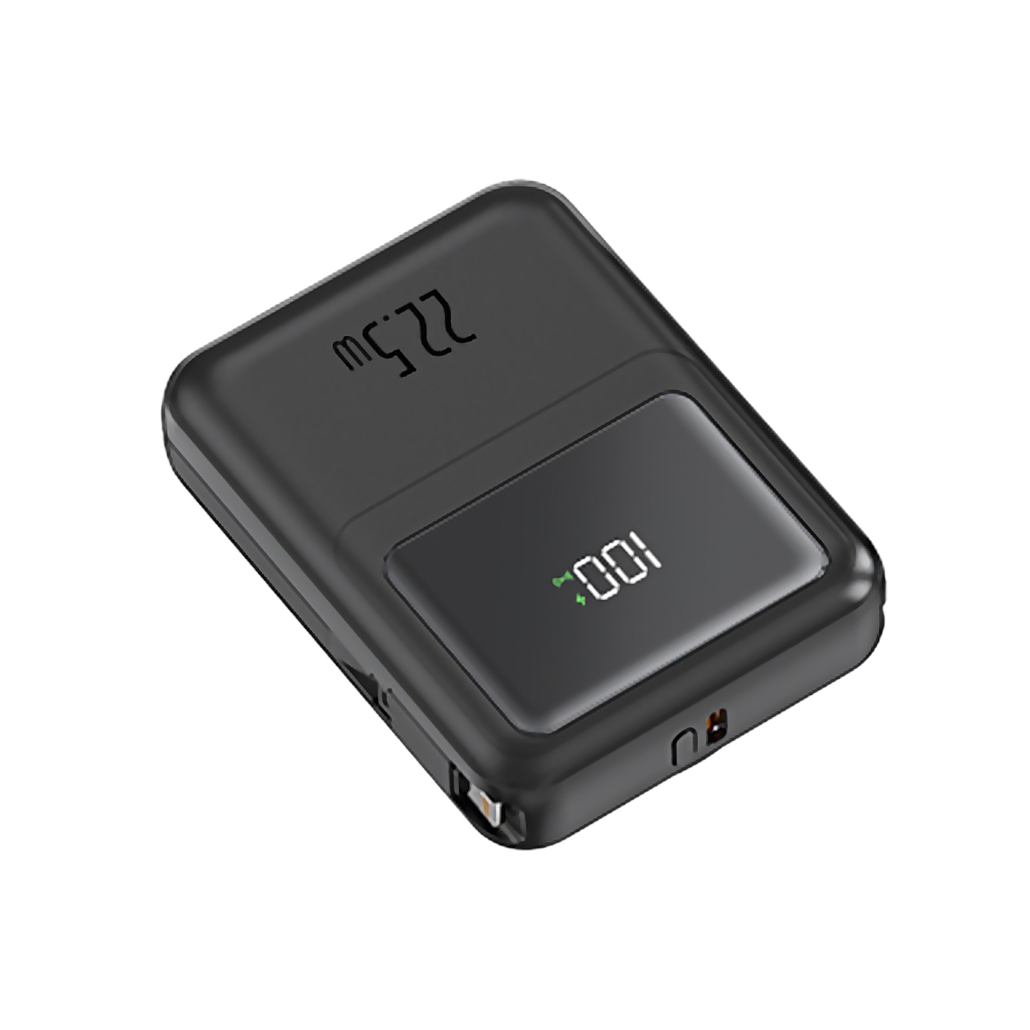 DAM. Powerbank 10.000mAh con carga rápida PD22,5W y carga inalámbrica de 15W. Cables USB-C y Lightning integrados. Pantalla led de carga. 7x3x9cm