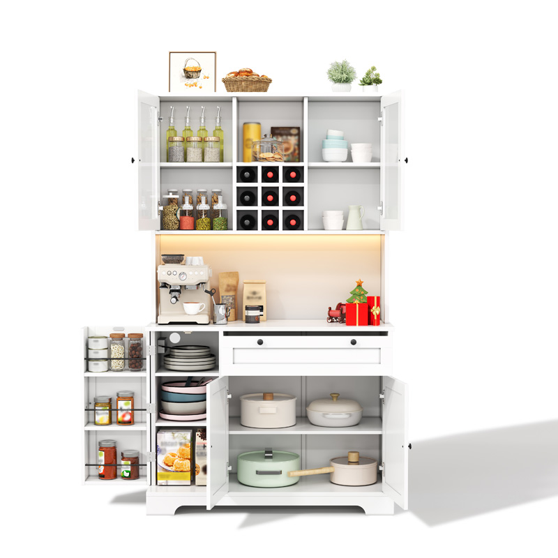 Buffet de cuisine blanc avec portes vitrées, éclairage LED, prises intégrées, étagères réglables et rangement à épices