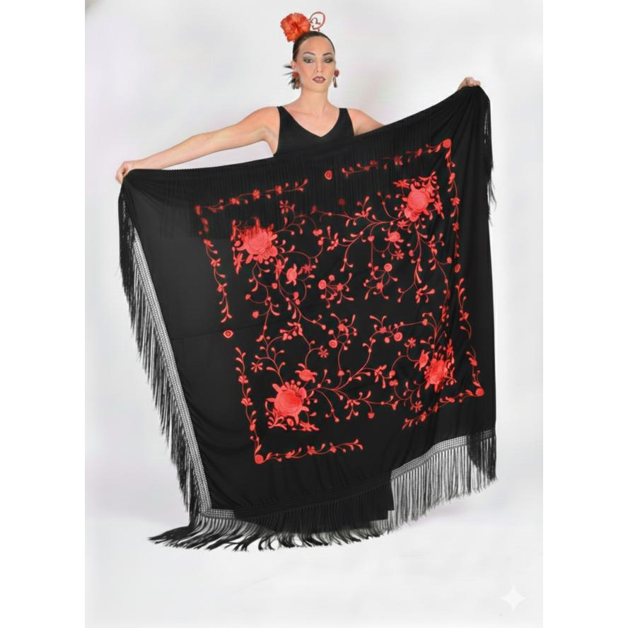 Mantón Cuadrado Grande- MEDIDA 150X150cm sin contar los flecos. Flamenco Bordado con Flecos | Mantón Español Tradicional para Baile, Feria y Eventos Flamencos
