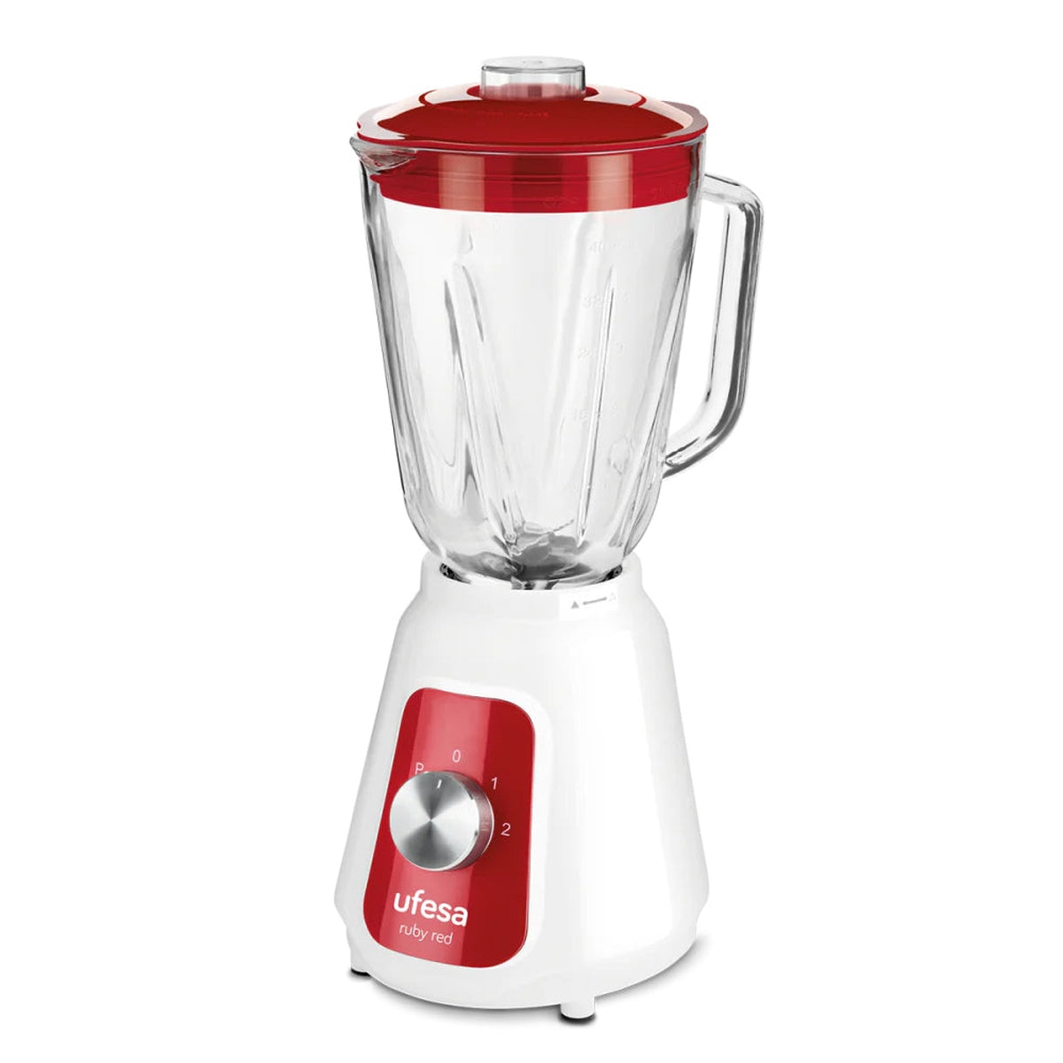 Ufesa - Batidora de vaso Ruby Red 1,5L con 1500W de potencia y 4 cuchillas de acero inoxidable para triturar hielo, frutas y verduras, ideal para smoothies y jugos caseros