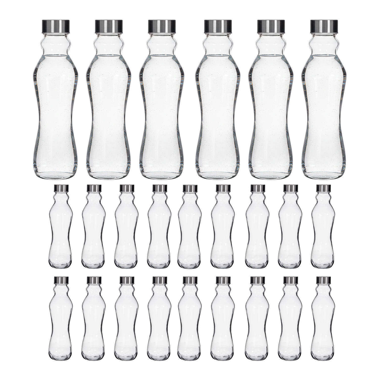 Botella de Cristal para Agua. Pack 6, 12 o 24 Botellas con Tapón de Acero. Botella Reutilizable, Grande, Transparente y Resistente. Apta para Nevera y Lavavajillas