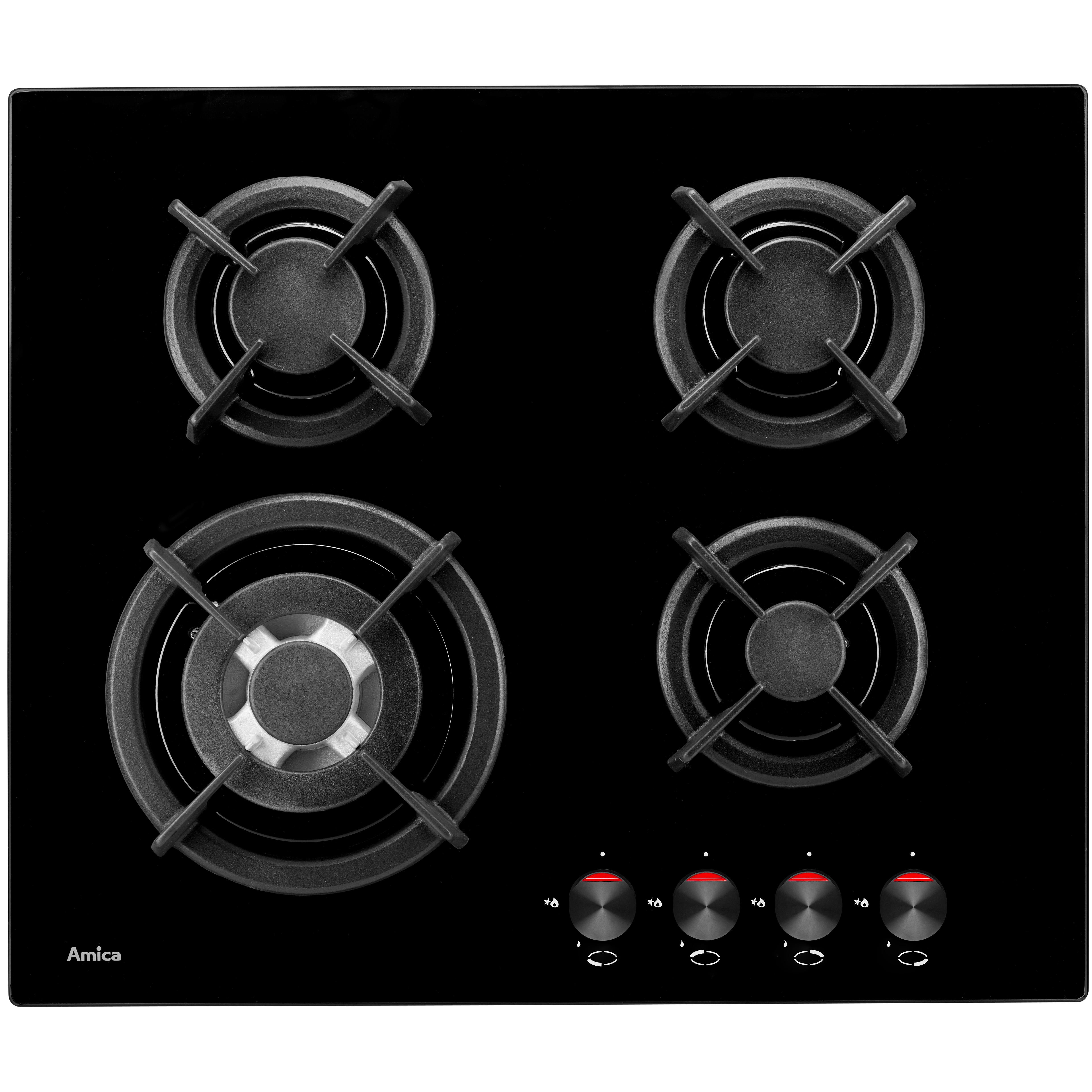 Amica 1106132 gas stove on glass with 4 burners, electric ignition, WOK burner, total power 7.4 kW, dimensions 60x51x4 cm, CE certified, ideal for cooking and outdoor use.