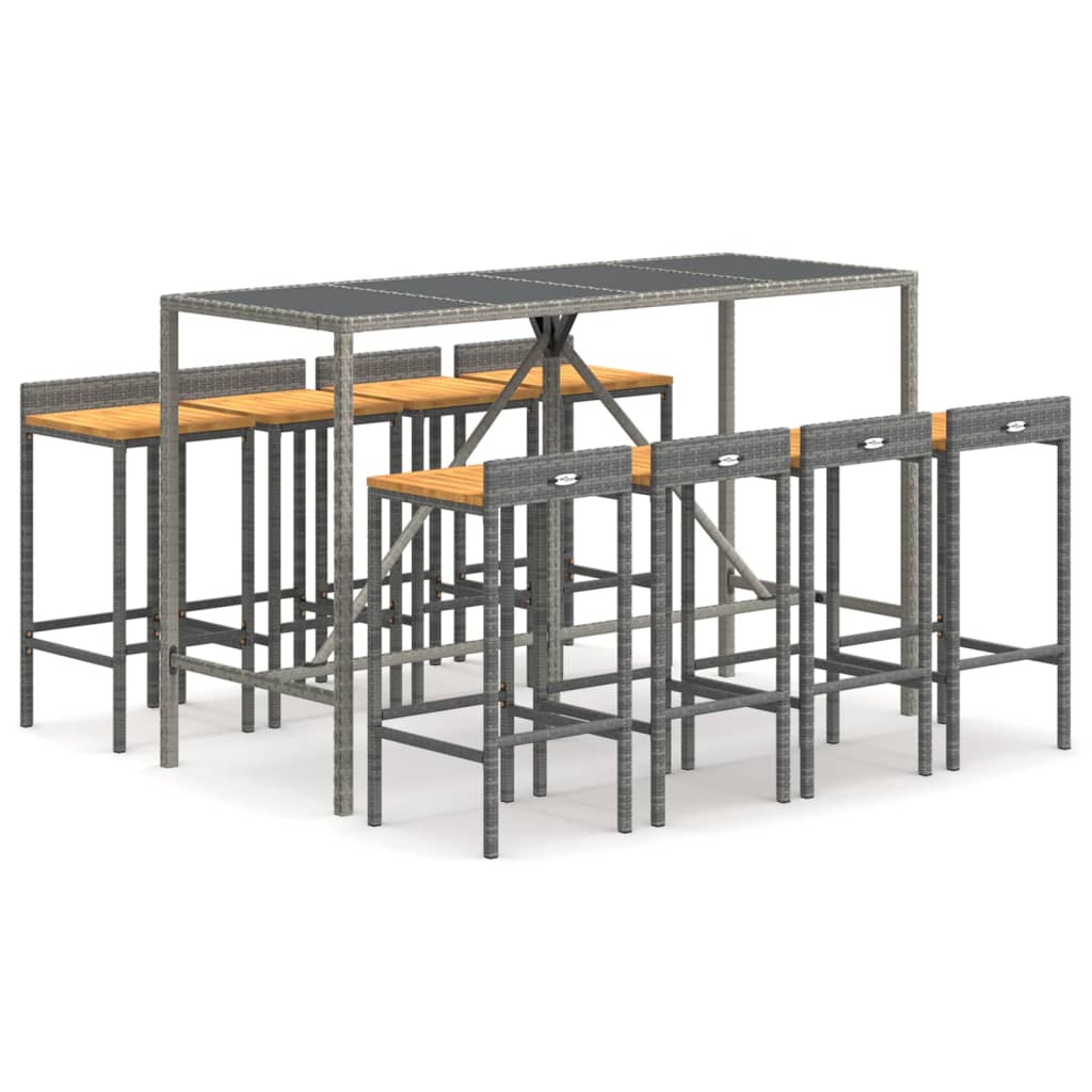 vidaXL Mesa bar y taburetes jardín 9 pzas madera acacia ratán PE gris