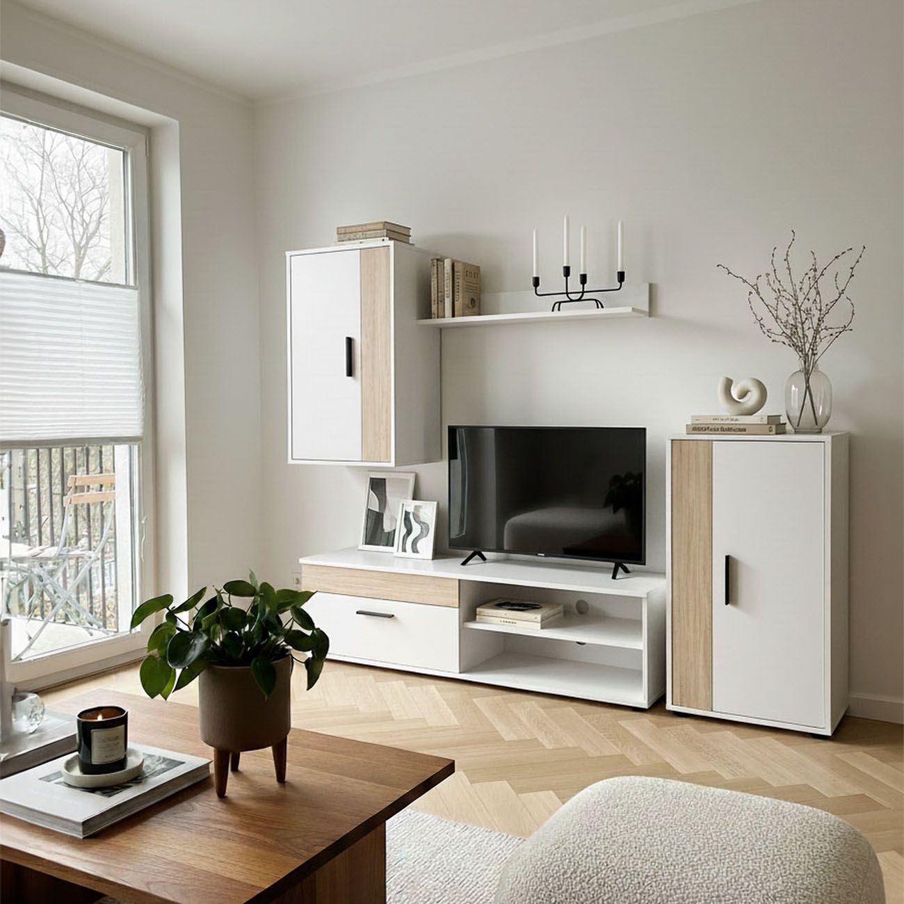 duehome - Salón modular Lunet 190 cm: mueble tv + armario bajo + armario alto colgante + estantería mural, ideal para espacios contemporáneos, fácil montaje y servicio post-venta 100% satisfacción