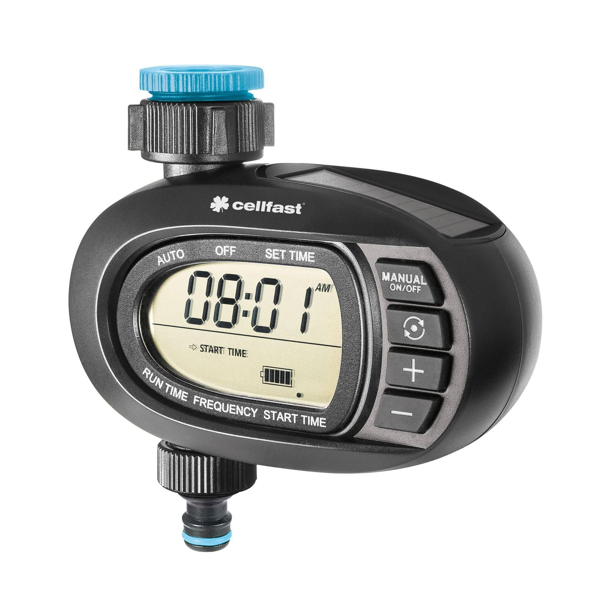 Rechargeable solar irrigation programmer ERGO by Cellfast with intuitive programming, easy installation, and a 3-year lithium battery life, perfect for automatic watering with adjustable frequency from 2 minutes to 7 days.