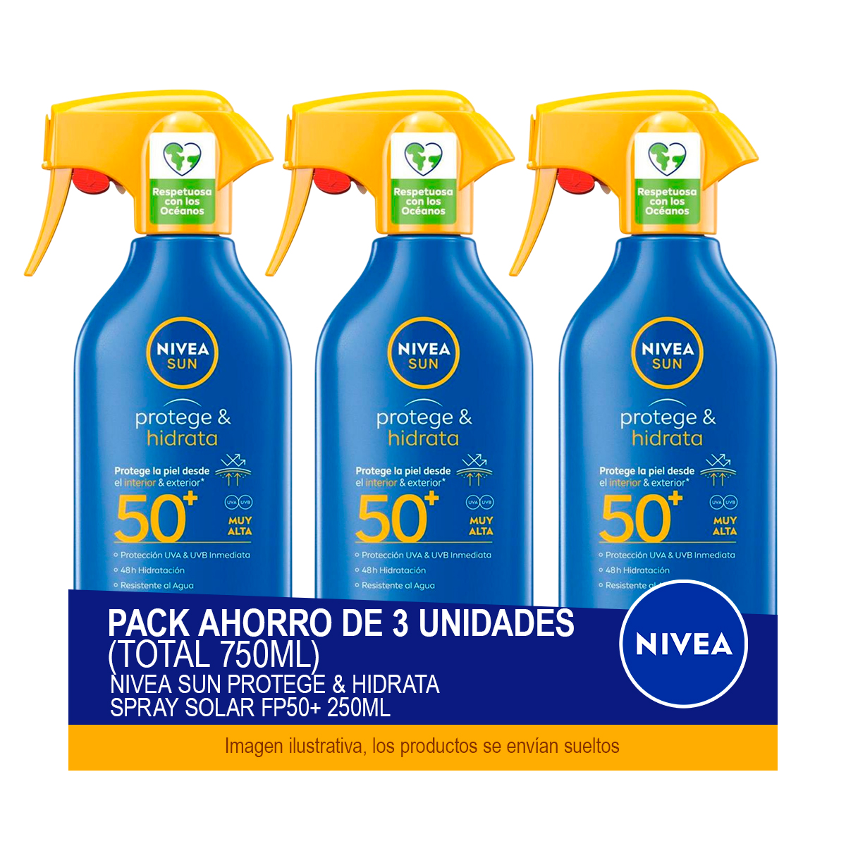 NIVEA SUN Protege & Hidrata Spray Solar FP50+ 250 ml - Pack ahorro de 3 unidades (total 750ml)