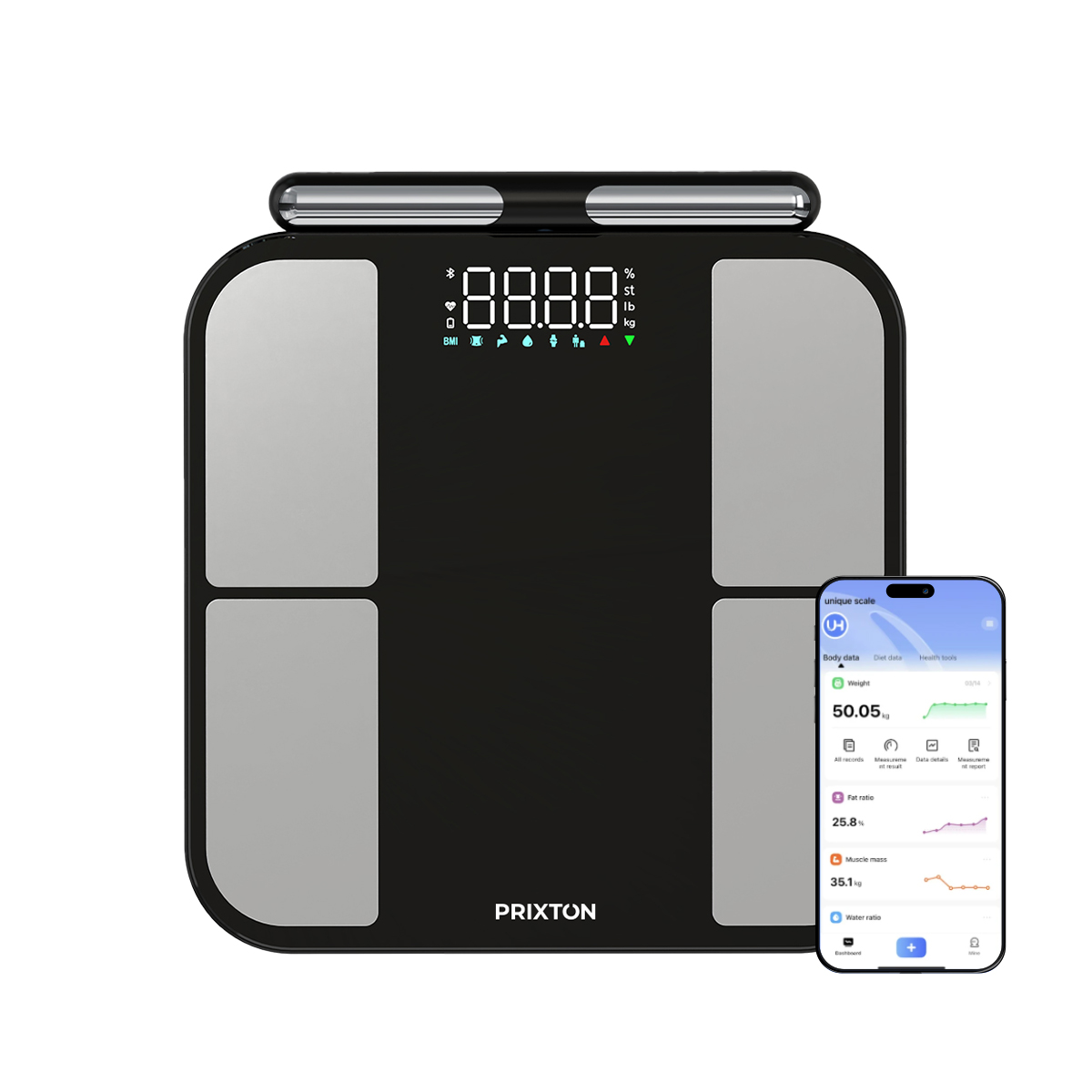 PRIXTON Báscula de Baño Inteligente BC400, 56 Medidas Corporales, App Multiusuario (hasta 200), Electrodos Extensibles, 180 kg, IMC, Grasa y Masa Muscular