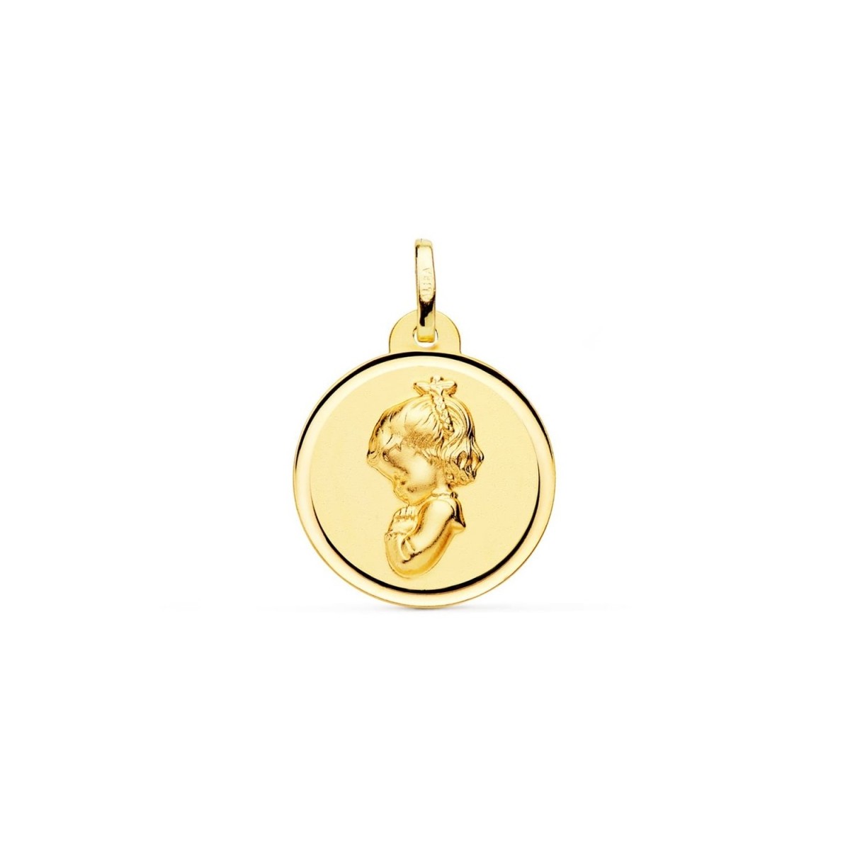 Virgen Niña medalla oro 18k Primera Comunión colgante 20 mm. detalle bisel