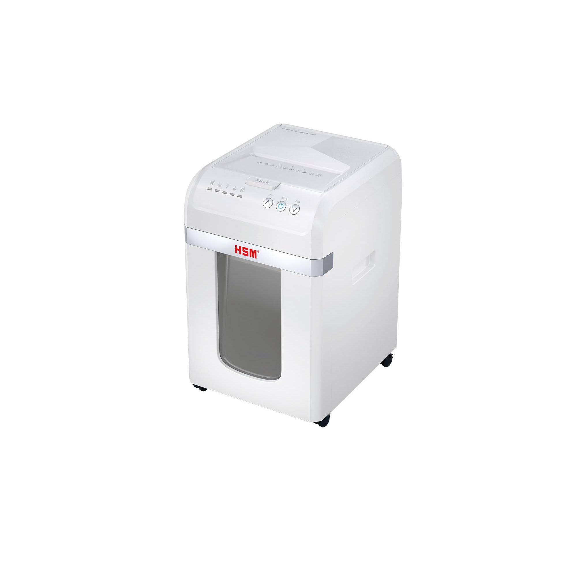 HSM shredstar Autofeed X300 - Trituradora de papel, 300 hojas, para oficina, oficina en casa, clips de papel, tarjetas de crédito, 4 x 12 mm, nivel de seguridad P4, depósito de 30 litros