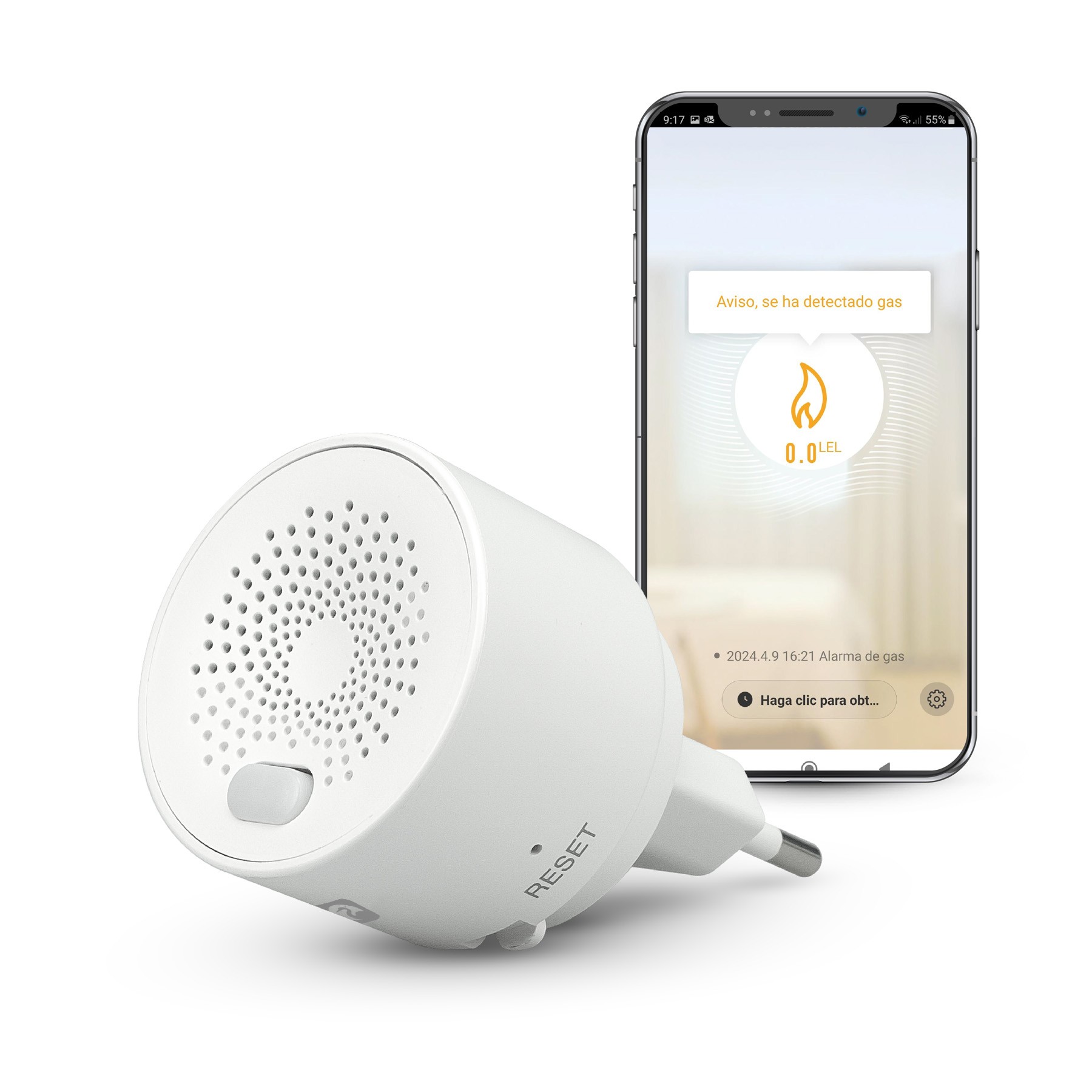 Enchufe Detector de Gas (Metano, Propano y Butano) con Alarma 70DB Inteligente Smart WIFI App Garza con Notificaciones en la App