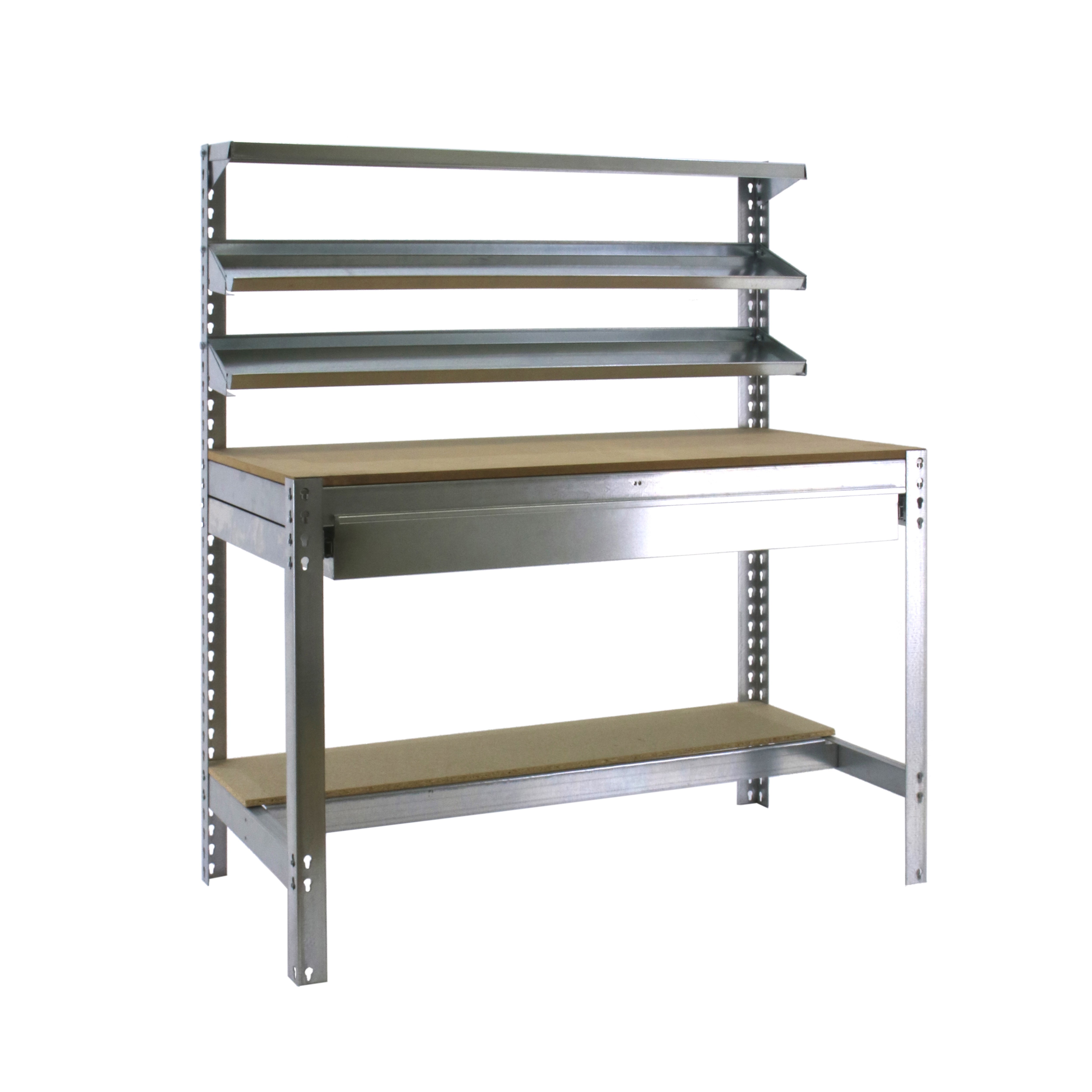 SimonRack Banco de Trabajo Taller, Capacidad Carga 600 kg, 1445x1210x610 mm, Mesa de Trabajo, 1 Cajón, Galva/Madera - BT1
