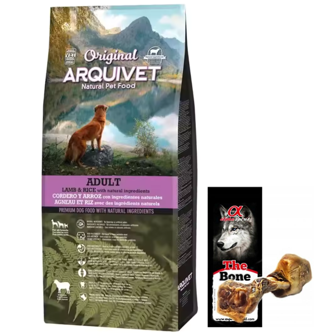 Pienso para Perros Original Adult + Hueso de jamon - Adultos - Cordero y arroz - Comida para Perros - Alimento seco para Perros - Alimentación Canina - Pienso Saludable Arquivet
