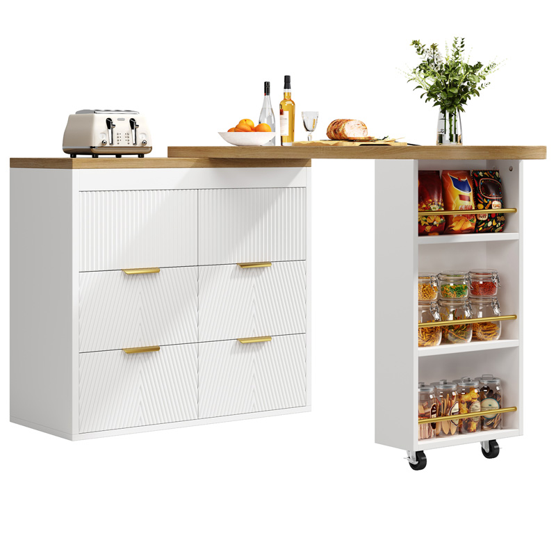 Table de bar blanche multifonction avec six tiroirs, rangement latéral et modules pivotants