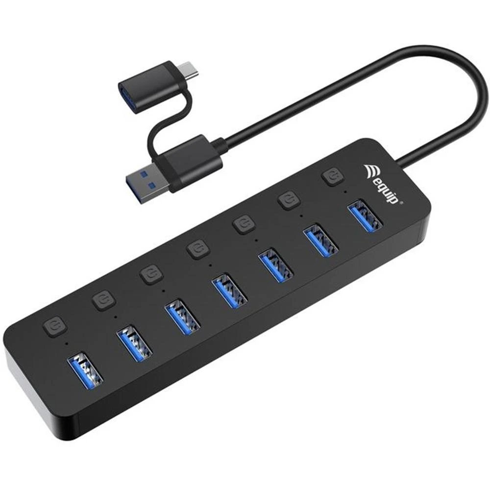 HUB Switch puertos 7 puertos USB 3.2 Gen1 (5 Gbps) EQUIP 128965 | Interruptores de alimentación individuales con indicador LED, Negro