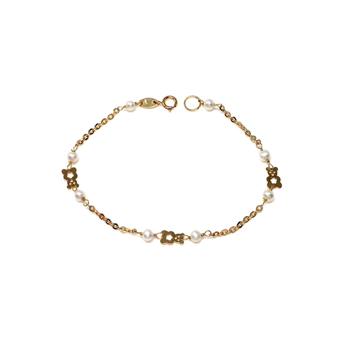 Pulsera oro 18k primera comunión 16cm. perlas cultivadas detalles ositos niña cierre reasa