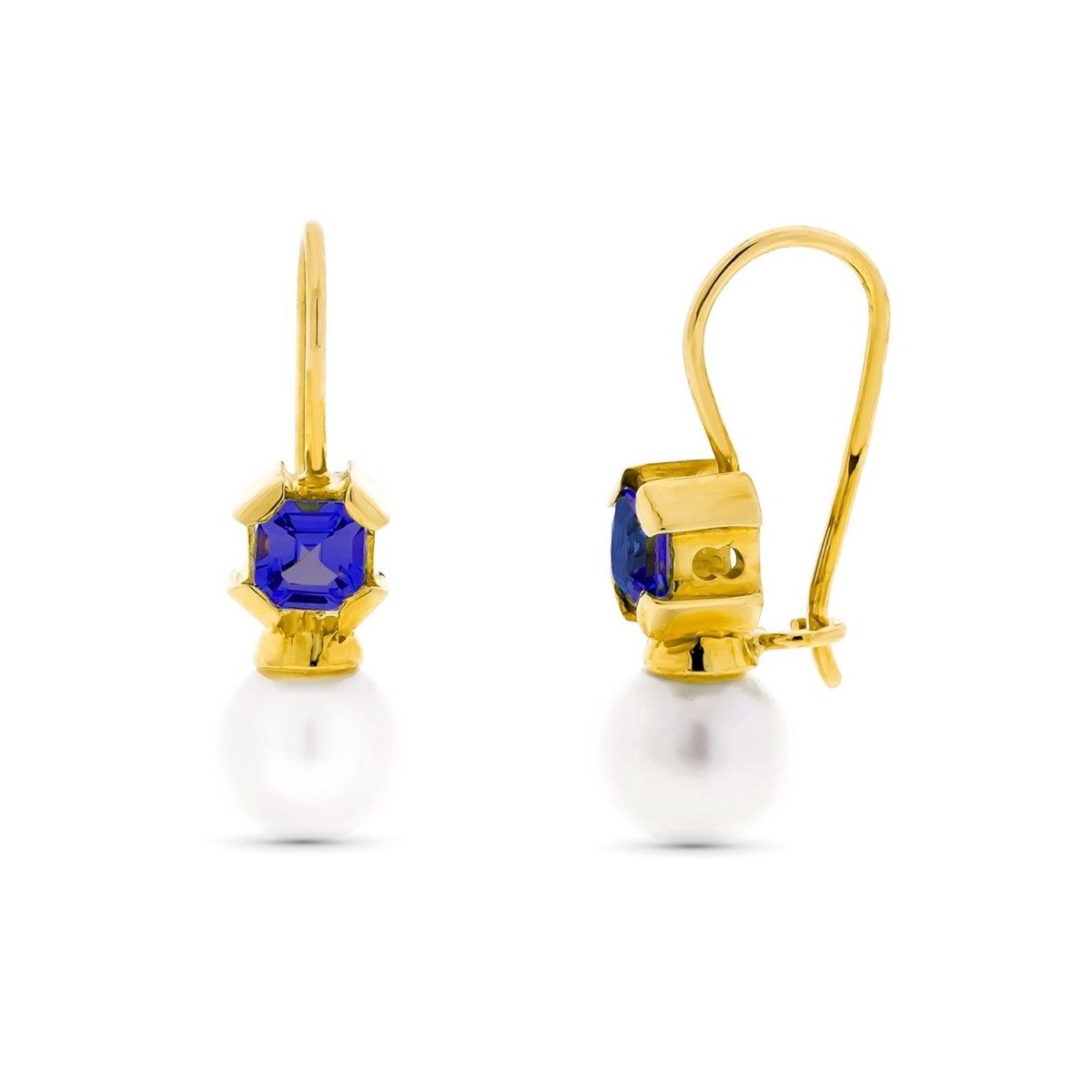 Pendientes oro 18k mujer perla cultivada 7mm. piedra morada cierre hippie con gancho