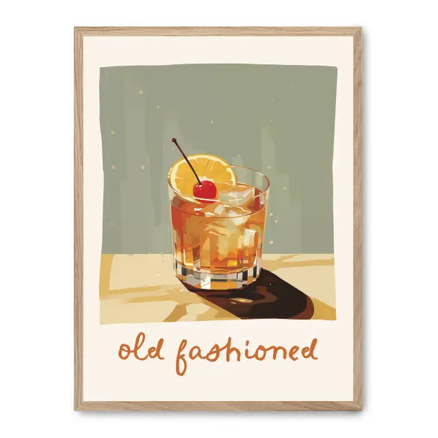 Cuadro old fashioned 30x40cm, Póster impreso en papel de primera calidad de 180gr, montado sobre marco de madera MDF acabado roble., Cocina - Bebidas