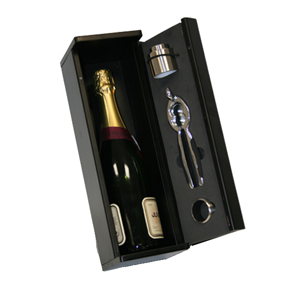 Botellero con almacenamiento para 1 botella de cava + accesorios: anillo antigoteo, sacacorchos y tapón