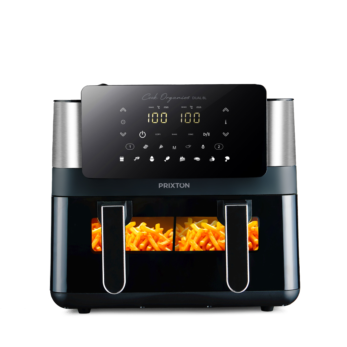 Freidora de aire sin aceite 8 litros con doble compartimento Cook Organics Dual, Ventana transparente, Iluminación interior y Pantalla táctil, Pared Divisoria PRIXTON
