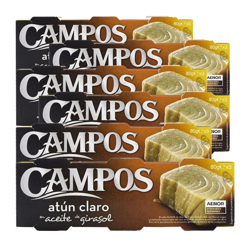 Campos - Atún claro en aceite de girasol Campos lata 3x80 g x6 18 latas Total 1,44 kg
