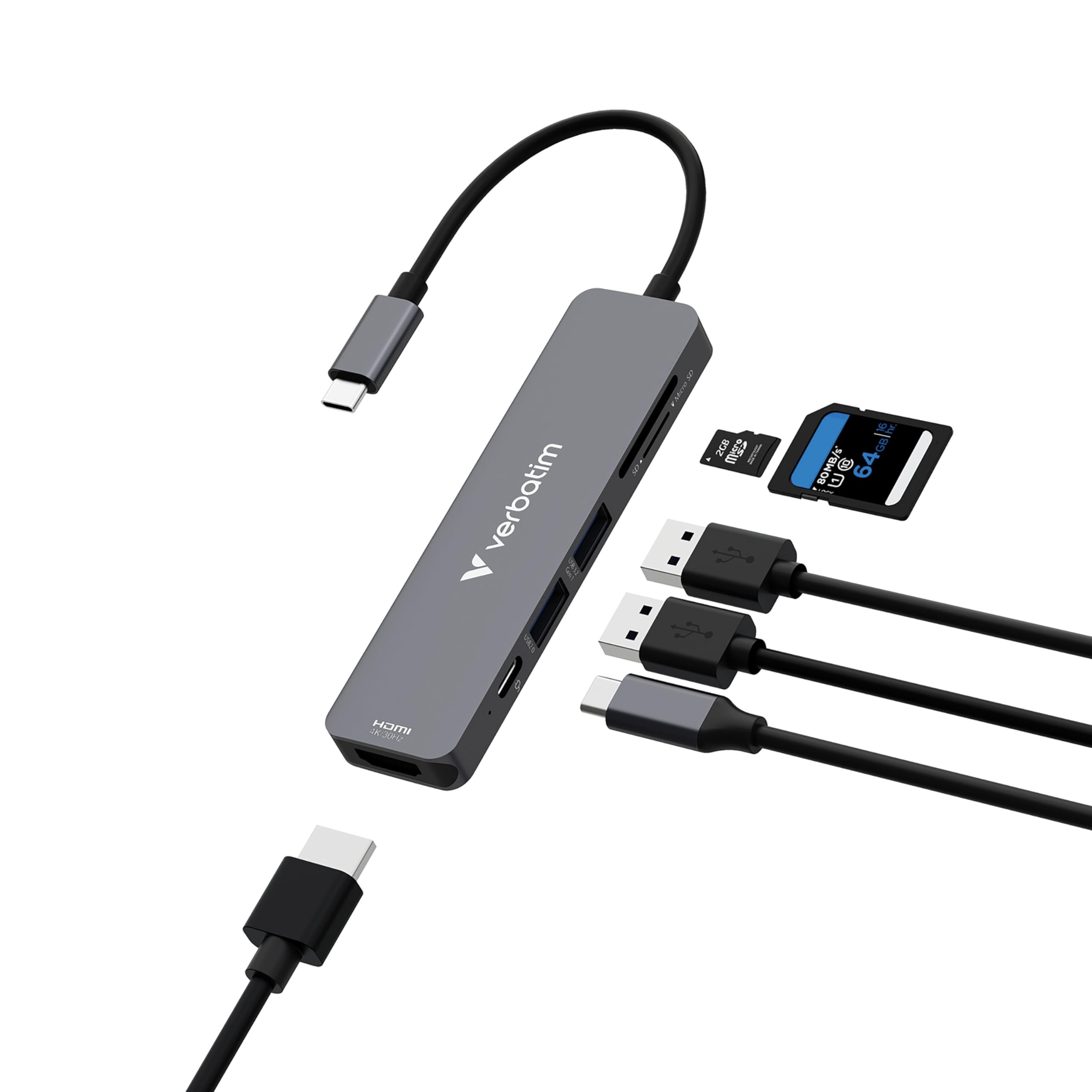 Verbatim Concentrador multipuerto USB-C Essentials: 6 puertos: (1) USB-A 2.0, (1) USB-A 3.0/3.2 Gen 1, (1) USB-C 3.0/3.2 Gen 1, ranuras para tarjetas SD y Micro SD con HDMI 4K y entrega de energía de