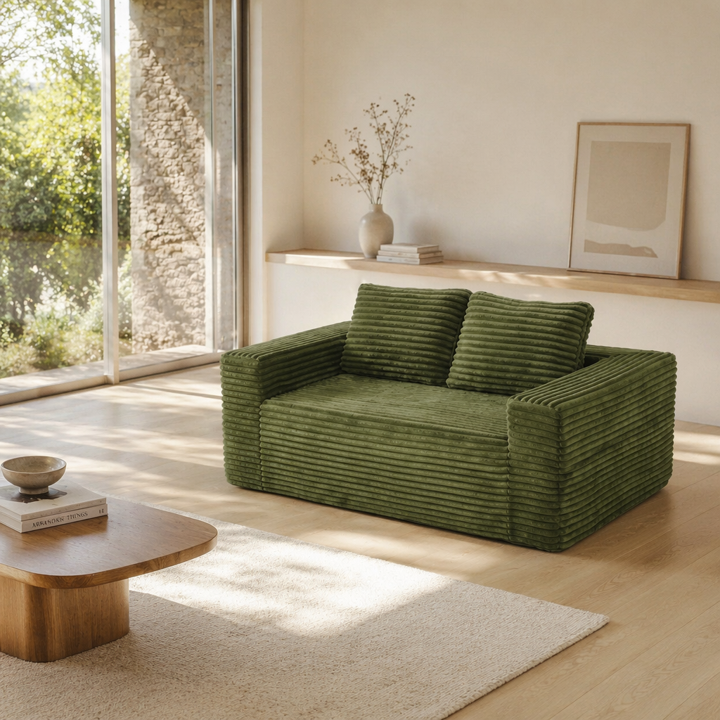 Canapé de sol 2 places vert en velours côtelé, assise profonde en mousse sans montage