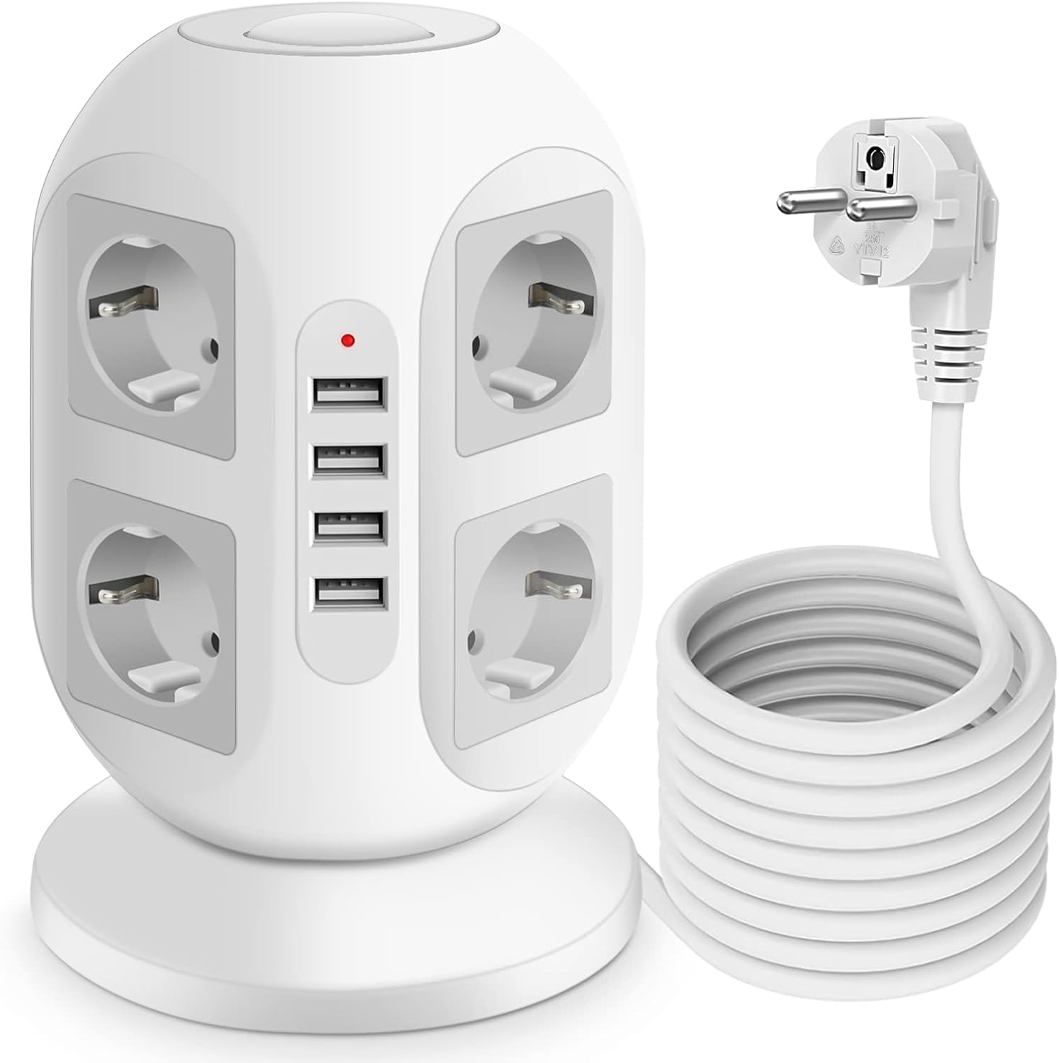Regleta Torre Enchufes con 2 m de Cable – 8 Tomas Schuko + 4 Puertos USB, Interruptores Independientes Superior e Inferior, Protección Sobrecarga, 2500W 10A – Alargador Vertical para Hogar y Oficina