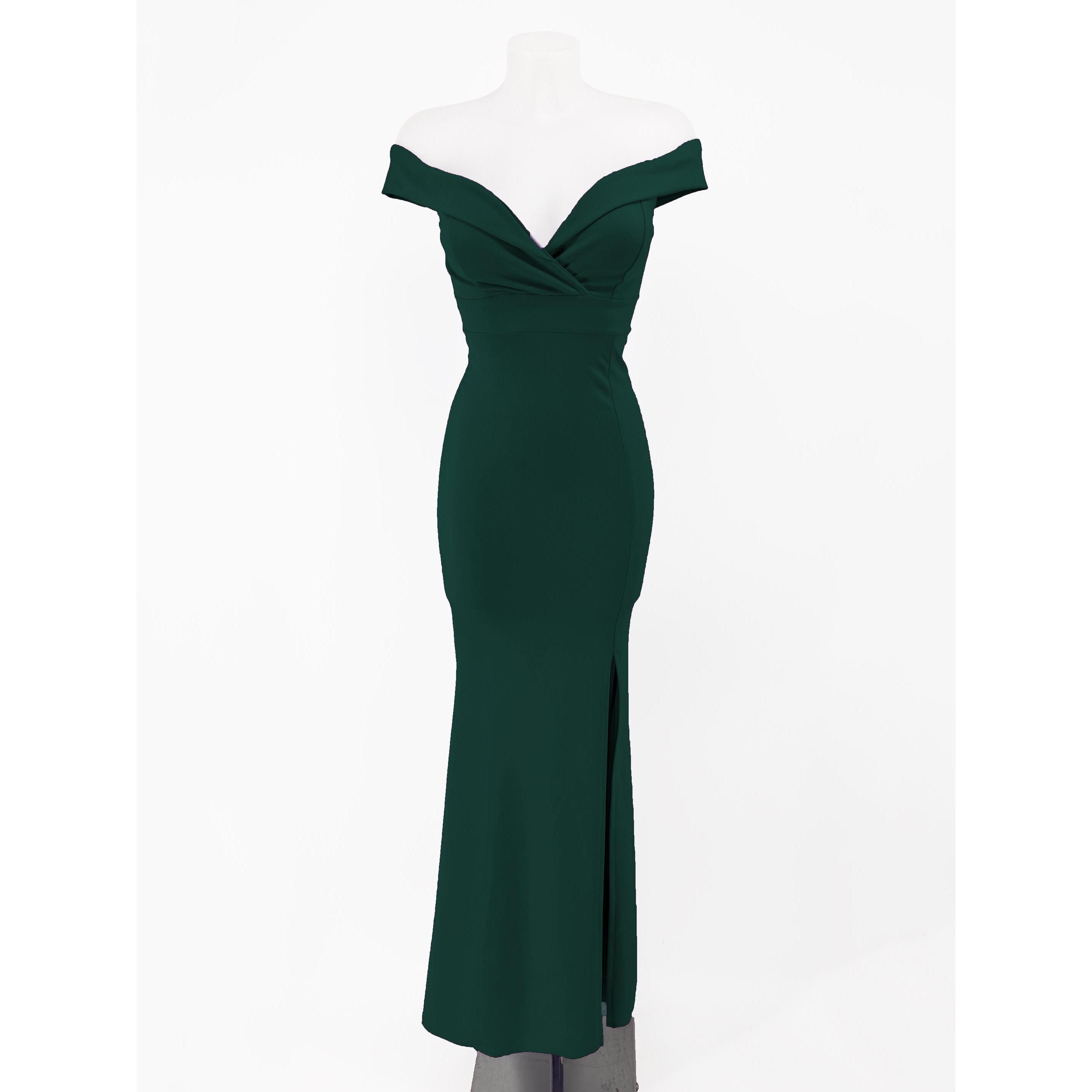 Vestido largo escote de hombros caídos. Cremallera trasera con apertura delantera mostrando piernas, relleno en el pecho.