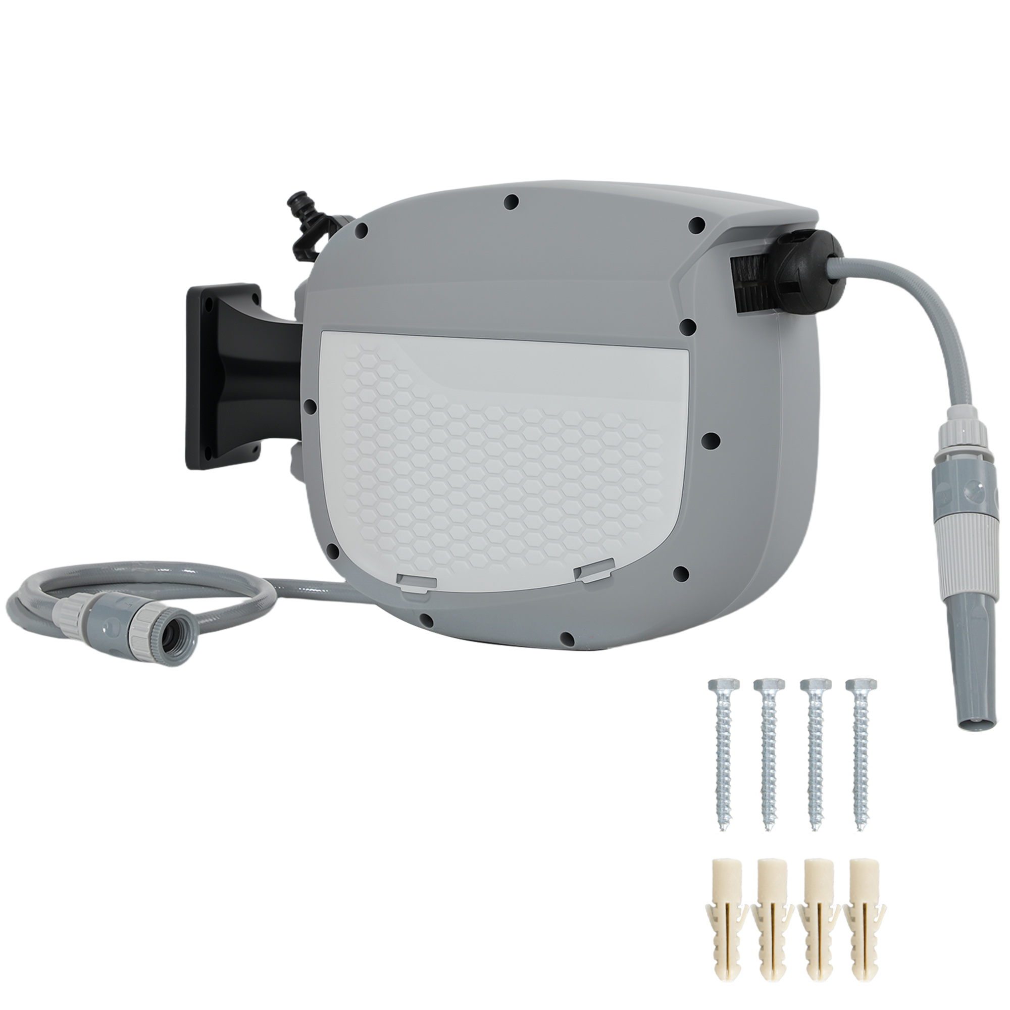 Outsunny Enrollador de Manguera para Jardín con Boquilla de 2 Modos, Carrete de Manguera de Jardín de Pared con Bloqueo Automático y Retracción Controlada, Soporte Orientable 180°, Gris