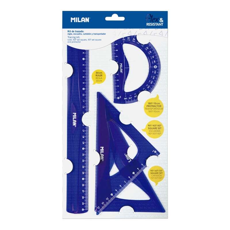 Milan pack de 4 reglas flexibles y resistentes - regla, escuadra, cartabon y transportador - color azul