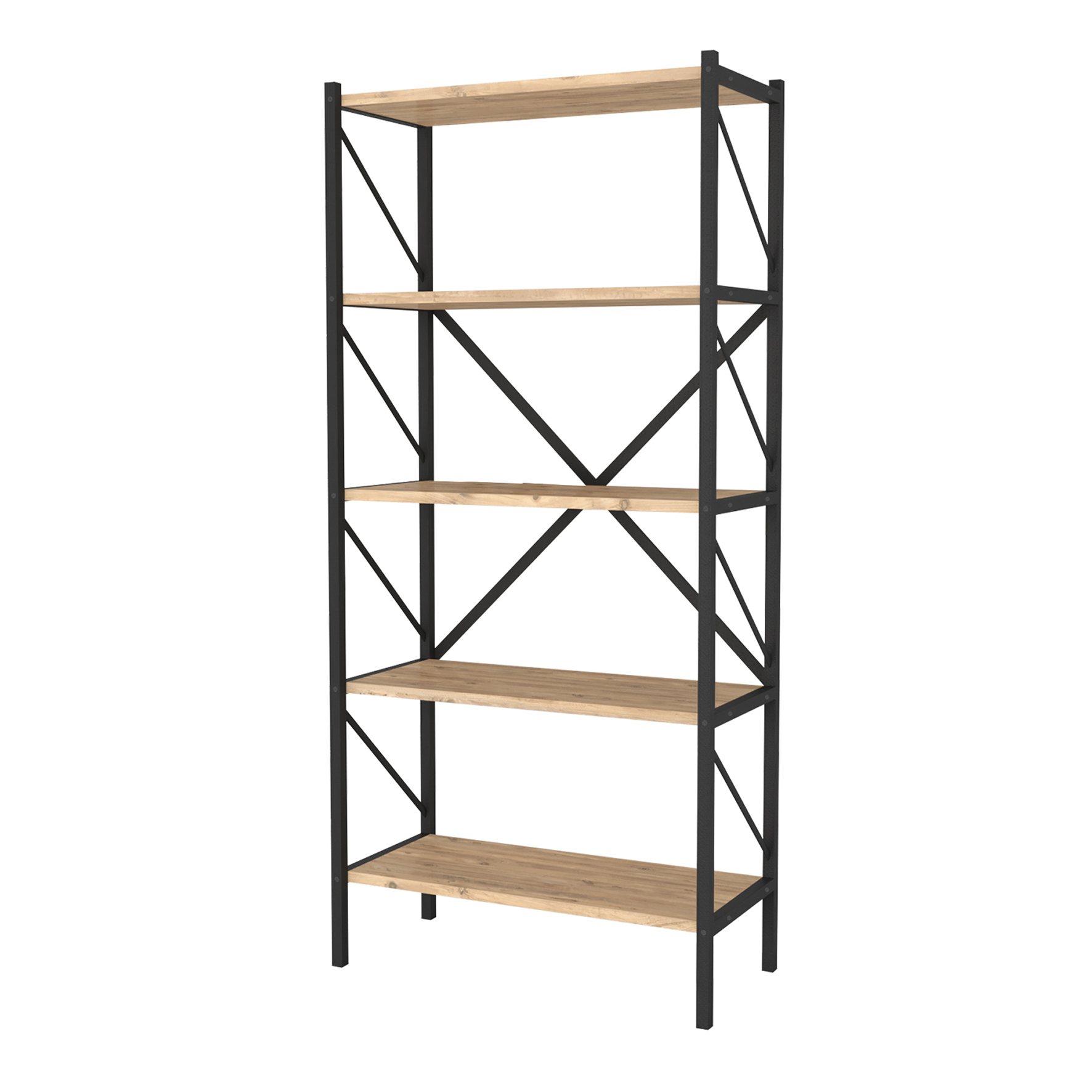 Estantería librería metálica. Estilo industrial. Con 5 estantes melamina roble Safir. Estructura metálica negra. (Alto 160 cm/Ancho 66 cm/Fondo 34 cm)