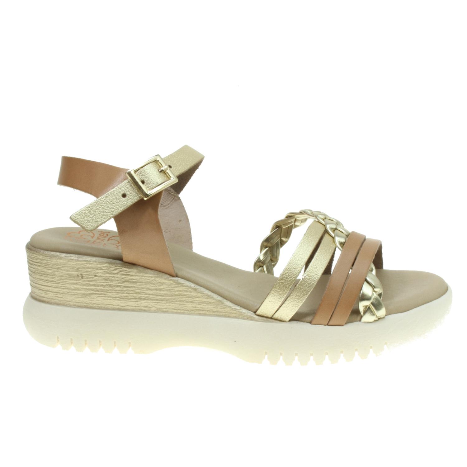 Porronet mod. 3269 - Sandalia de cuña combinada en taupe y oro