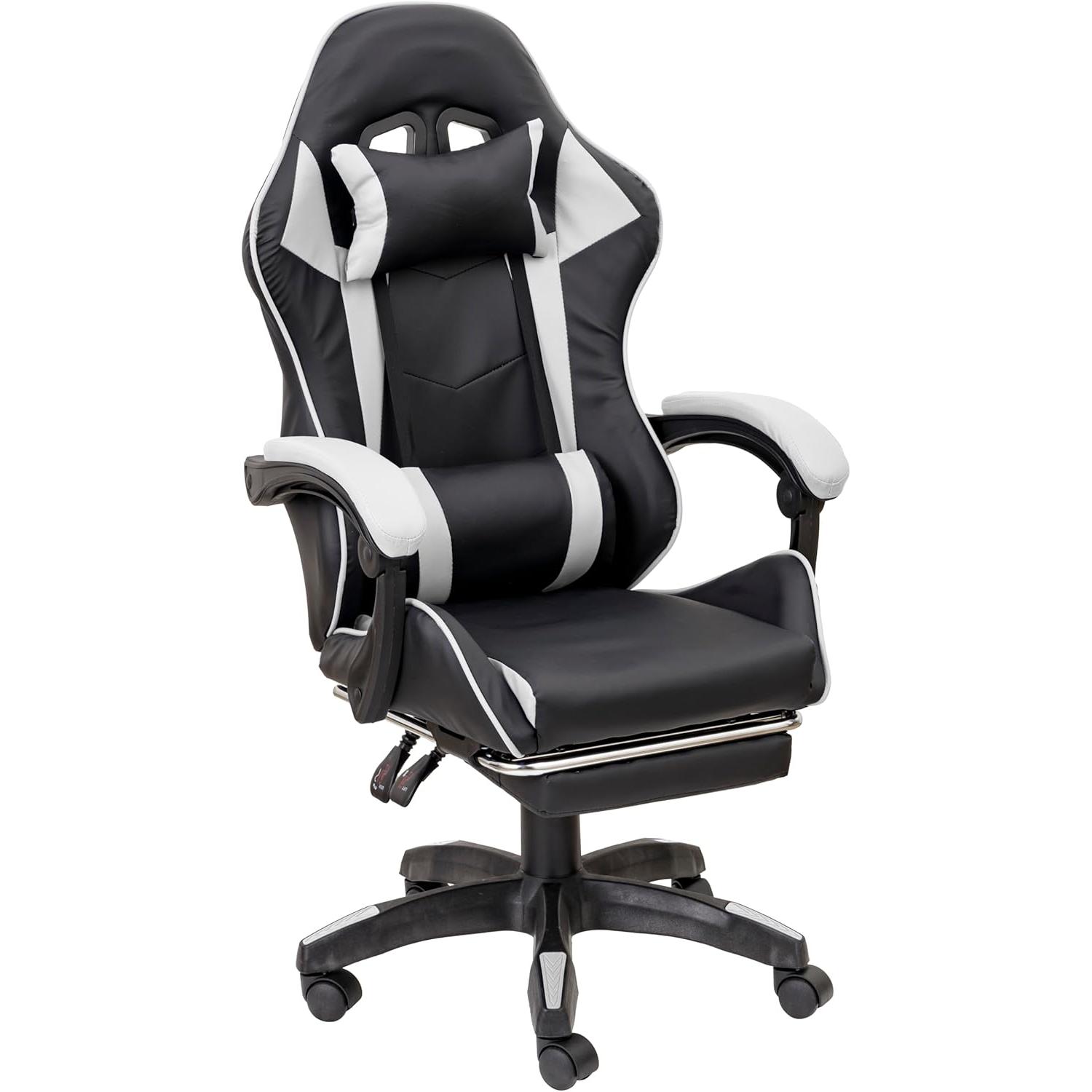 Silla Gaming con Respaldo Ergonómico Inclinable y Altura Regulable, Silla de Oficina con Soporte Lumbar, Reposacabezas Acolchado y Reposapiés Extraíble, Blanco, 58x66x114-124 cm