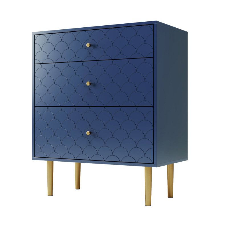 Commode bleu marine 75 x 40 x 89 cm avec trois tiroirs, motif écailles et pieds métalliques couleur champagne