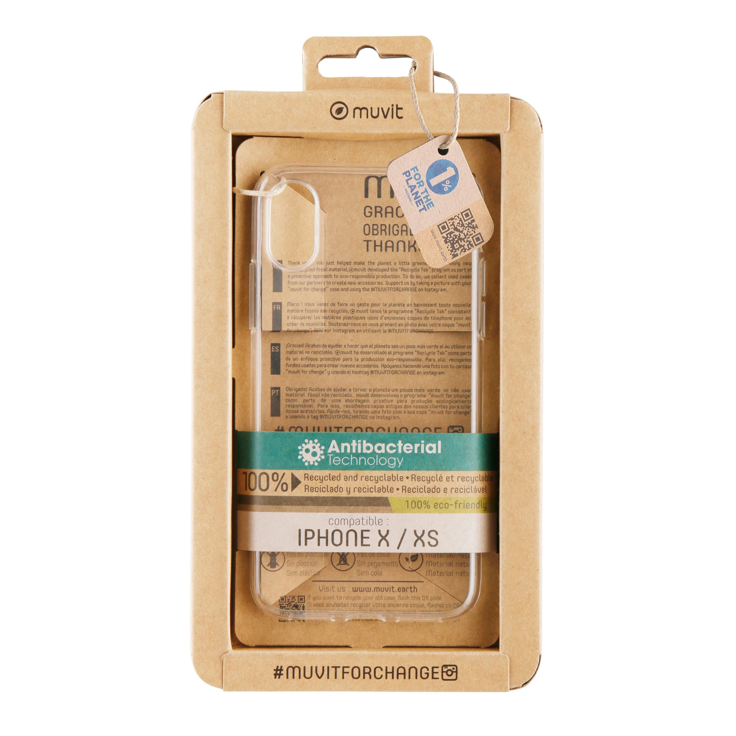 Muvit - Funda Recycletek MCCRS0006 para iPhone X / iPhone XS, transparente, antibacteriana con iones de plata y 100 % reciclada