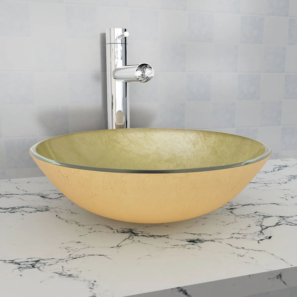 vidaXL Lavabo Vidrio Templado 42 cm Esmerilado Fregadero Fontanería Bricolaje Color del lavabo Esmerilado,  Marrón,  Dorado y mas