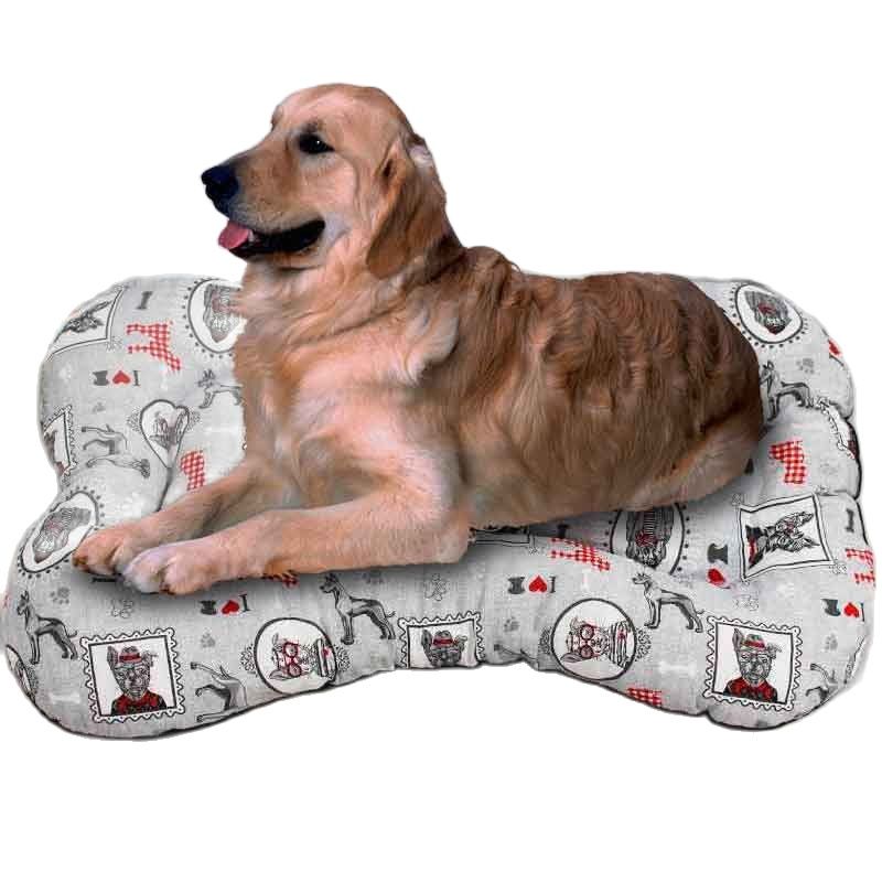 Cama para mascotas Camacan forma hueso acolchada estampado retratos de perro 100x70 cm