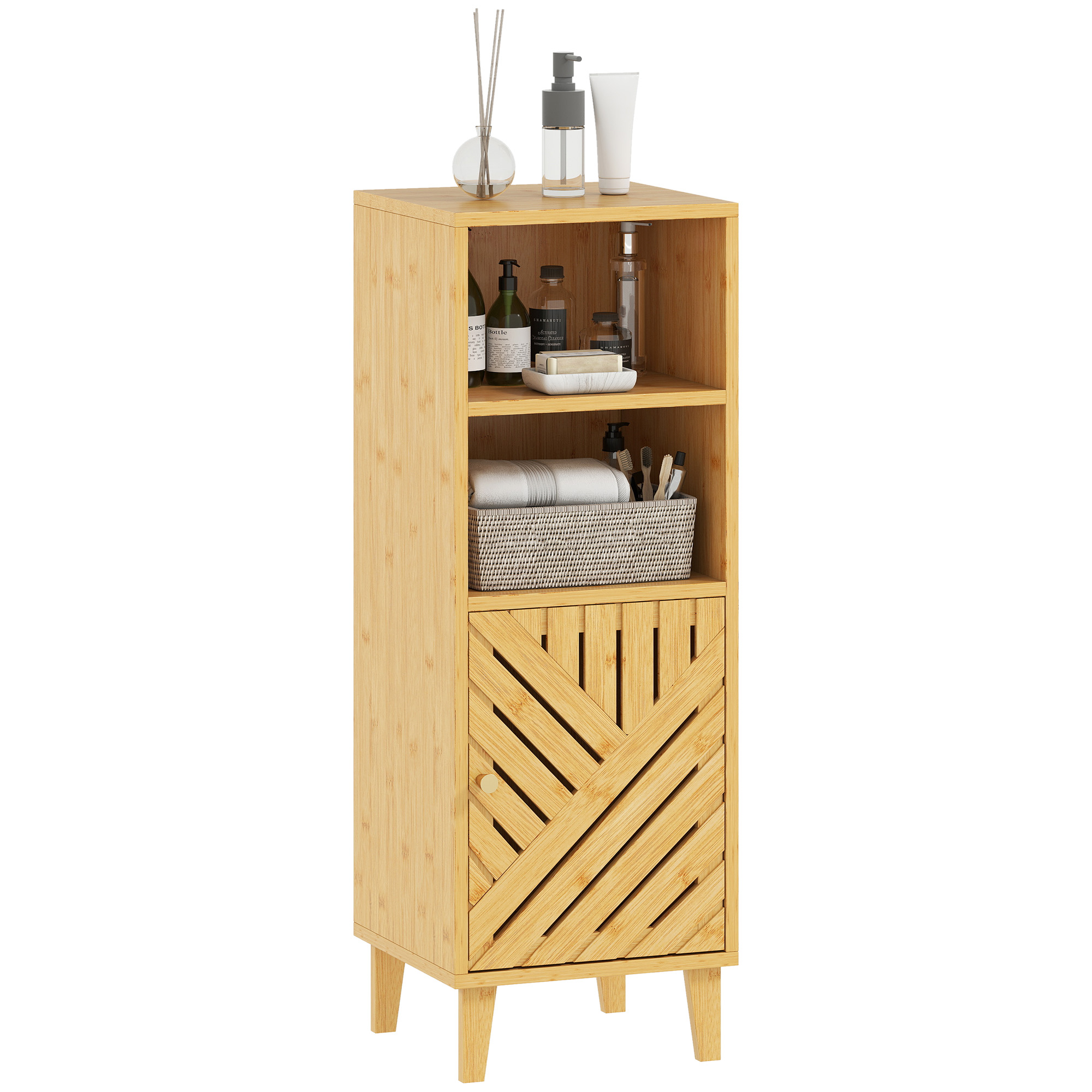 HOMCOM Armario de Baño Estrecho Mueble Auxiliar de Baño 32x30x90 cm con 2 Estantes Abiertos Puerta y Patas de Bambú Estilo Moderno para Espacios Pequeños Natural