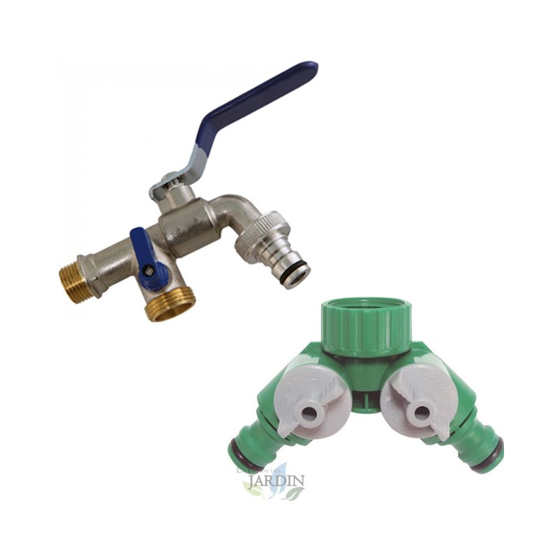 SUINGA Grifo de Jardín con Doble Salida Hembra 3/4" + Bifurcador 2 Salidas - Conexión para Riego y Mangueras