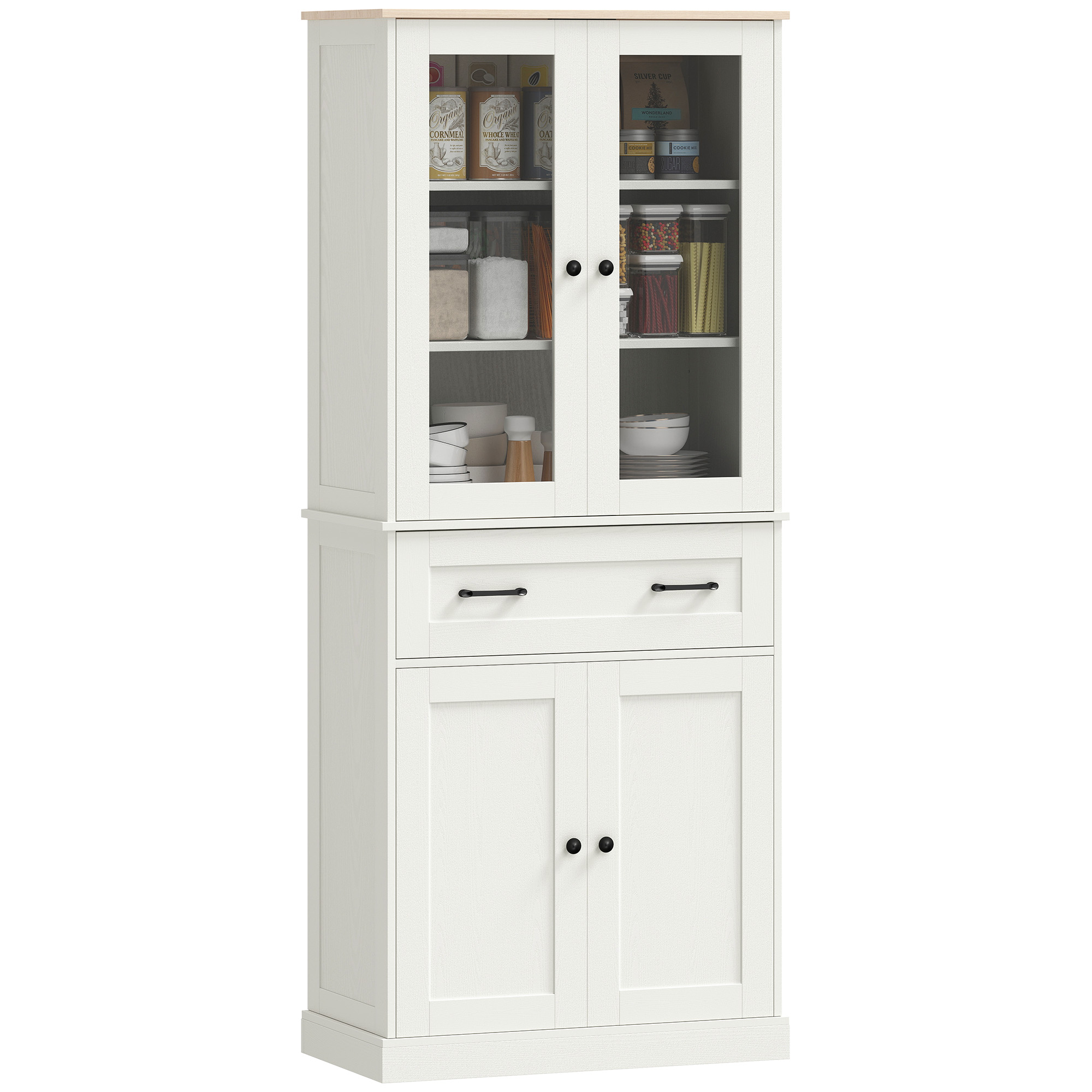 HOMCOM Alacena de Cocina, Mueble Auxiliar de Cocina con 2 Puertas de Acrílico, Cajón Grande, Estantes Ajustables, para Comedor, 76x40x182,5 cm, Crema