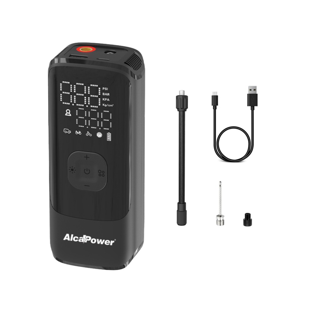 Mini compresor portátil para coche y moto, 150 PSI, 3 en 1: compresor, banco de energía y linterna - Alcapower